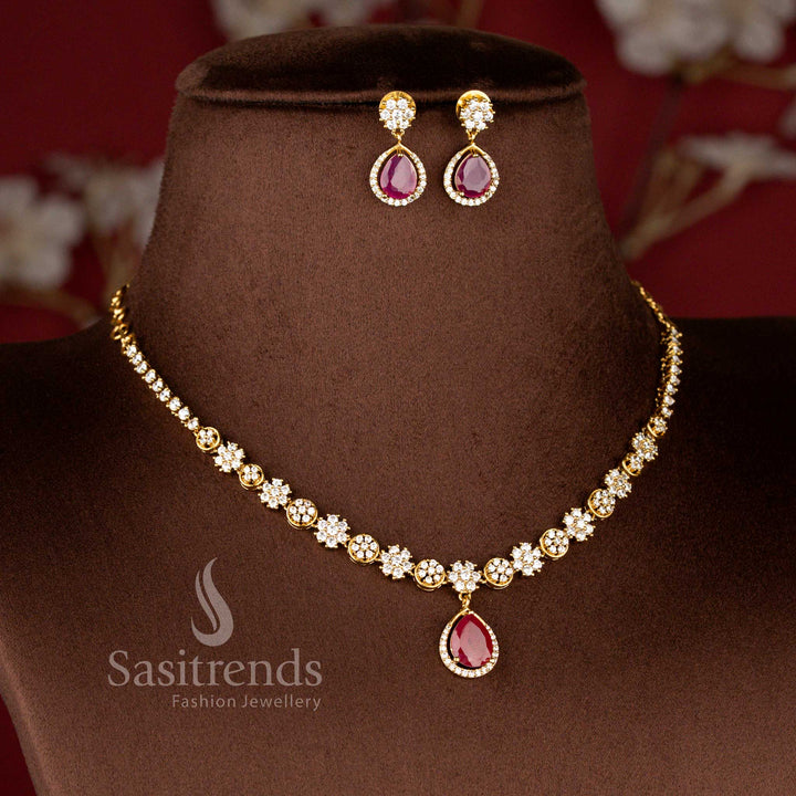 Elegant Matte Gold Plated American Diamond Floral Necklace Set with Teardrop Pendant for Wedding and Festive Wear - Sasitrends