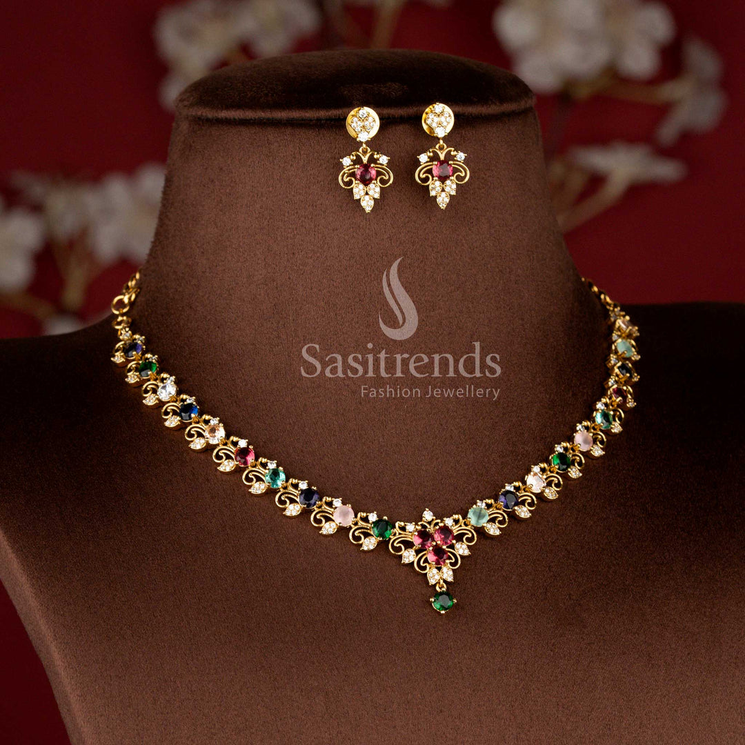 Matte Gold Plated American Diamond Floral Filigree Necklace Set with Matching Earrings - Sasitrends