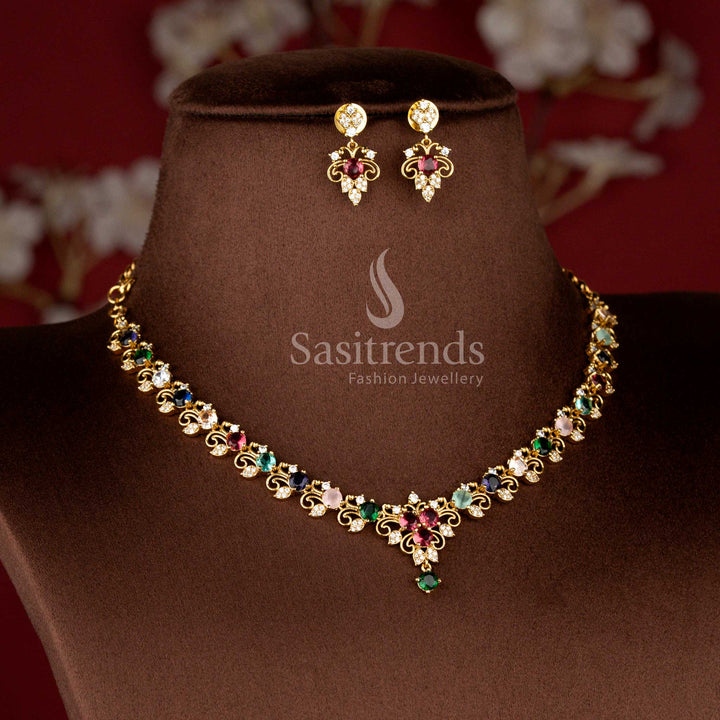 Matte Gold Plated American Diamond Floral Filigree Necklace Set with Matching Earrings - Sasitrends