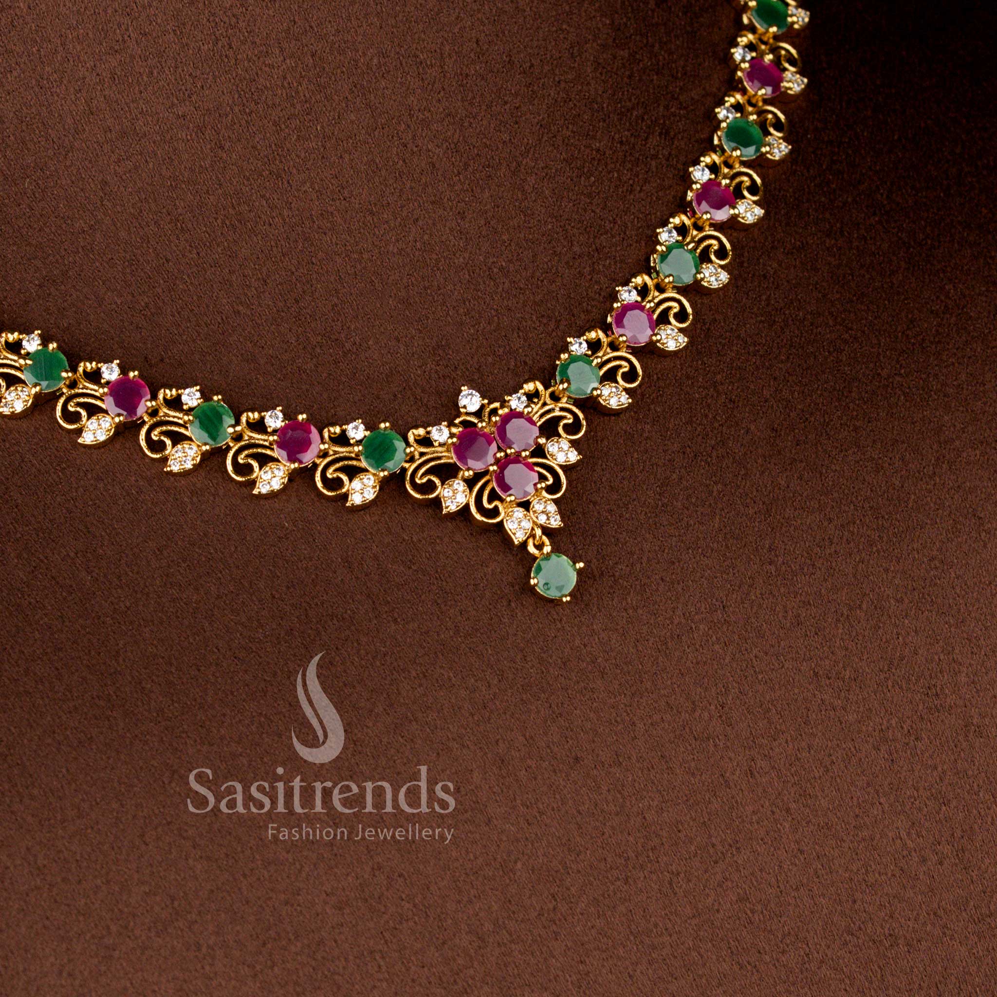 Matte Gold Plated American Diamond Floral Filigree Necklace Set with Matching Earrings - Sasitrends