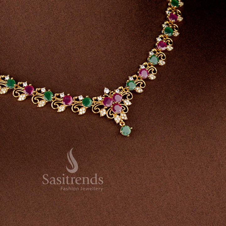Matte Gold Plated American Diamond Floral Filigree Necklace Set with Matching Earrings - Sasitrends