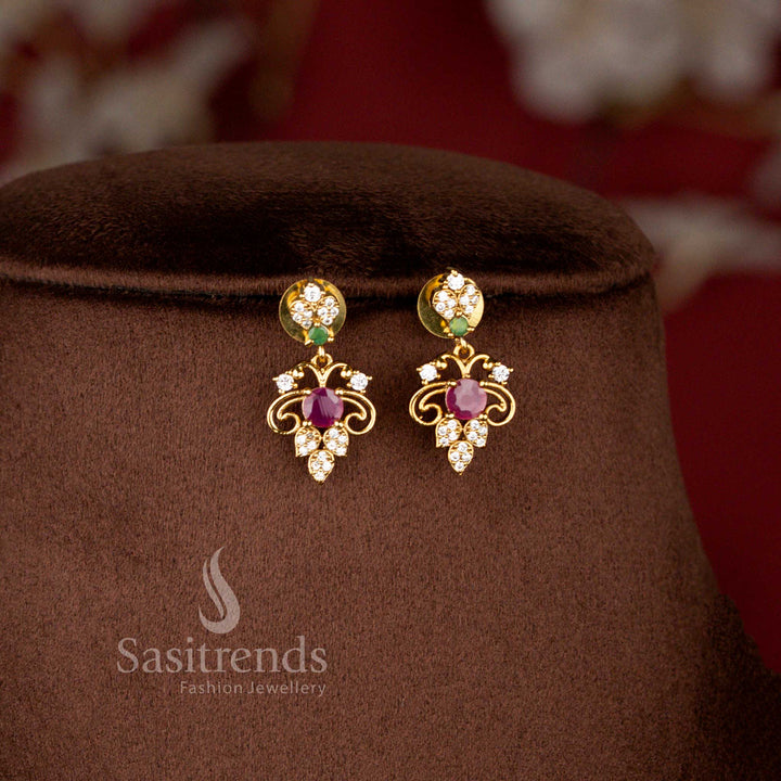 Matte Gold Plated American Diamond Floral Filigree Necklace Set with Matching Earrings - Sasitrends