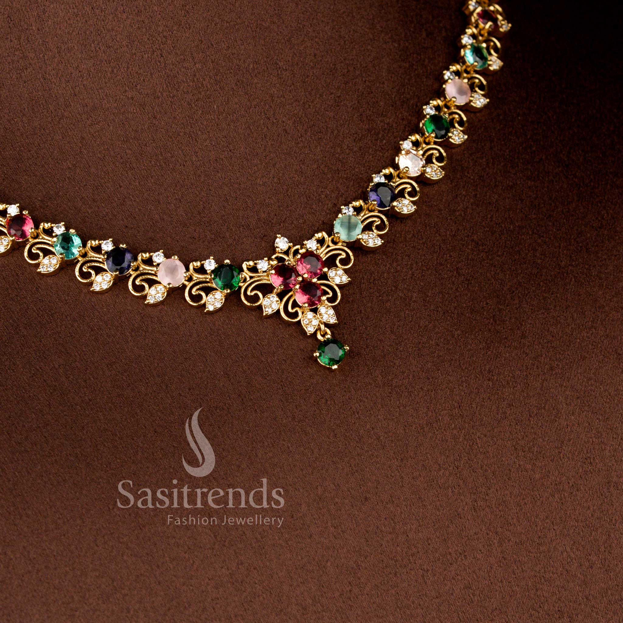 Matte Gold Plated American Diamond Floral Filigree Necklace Set with Matching Earrings - Sasitrends
