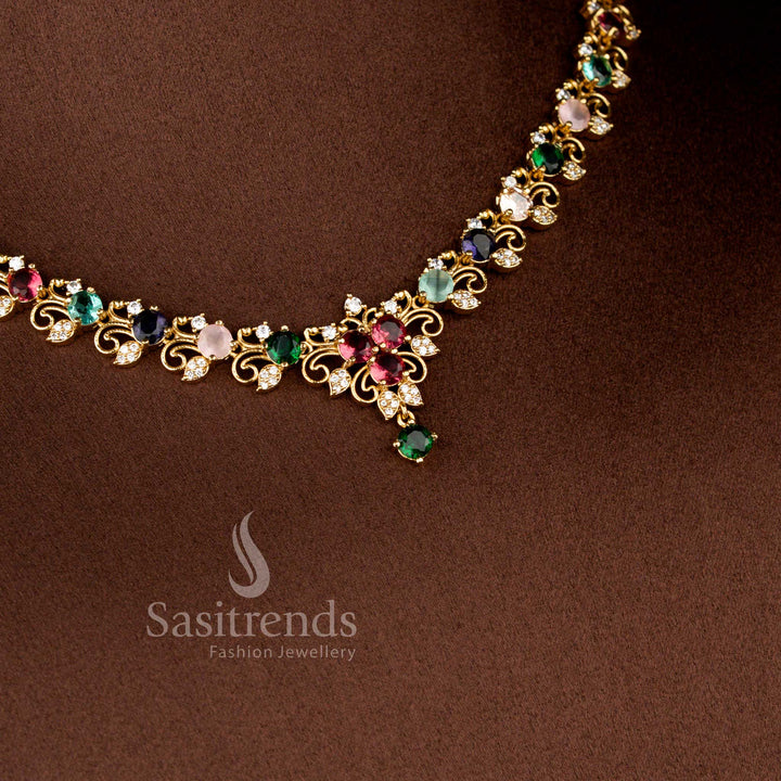 Matte Gold Plated American Diamond Floral Filigree Necklace Set with Matching Earrings - Sasitrends