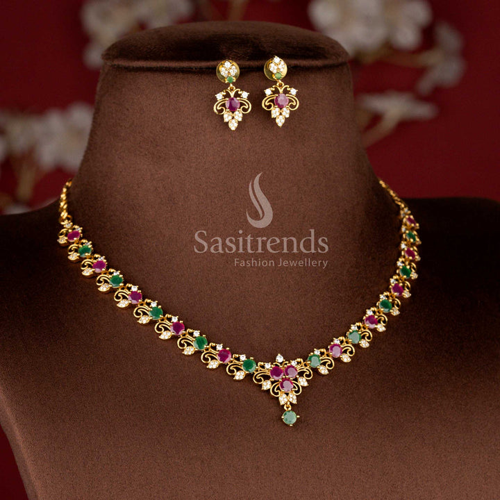 Matte Gold Plated American Diamond Floral Filigree Necklace Set with Matching Earrings - Sasitrends