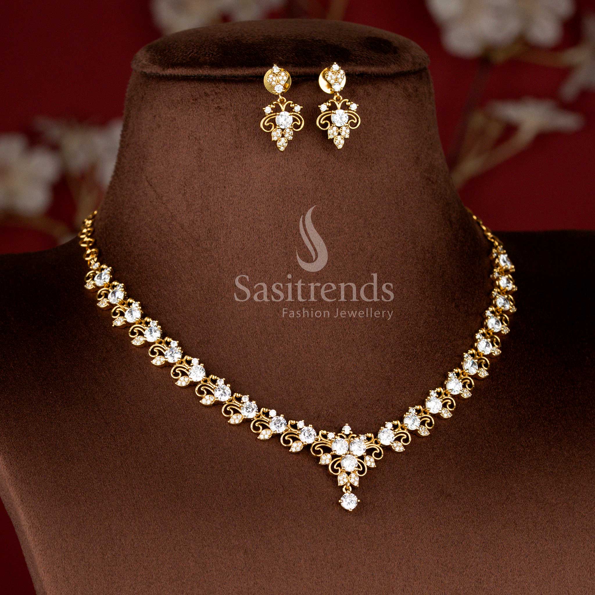 Matte Gold Plated American Diamond Floral Filigree Necklace Set with Matching Earrings - Sasitrends