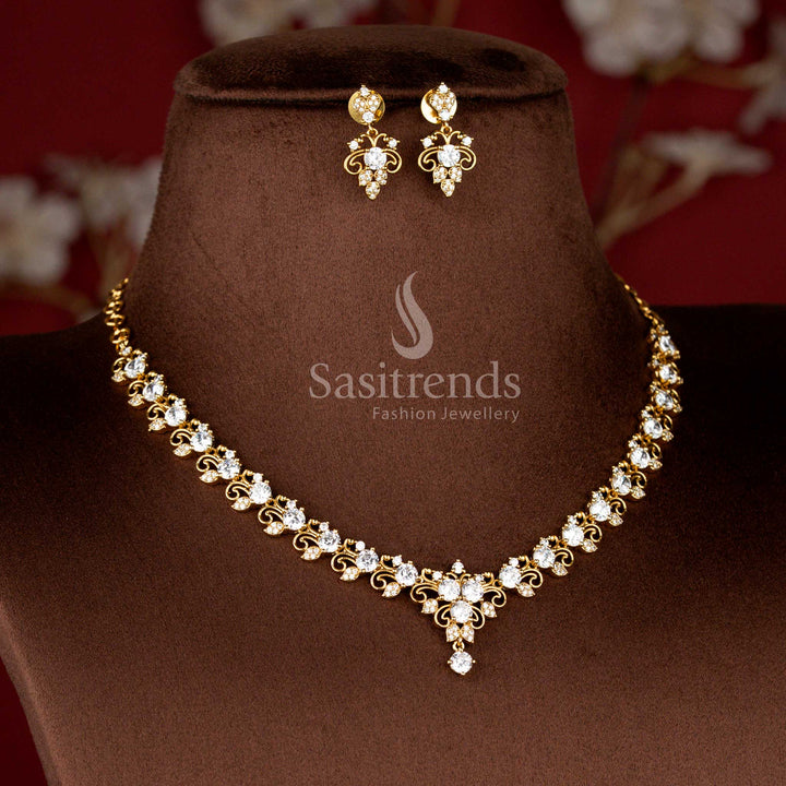 Matte Gold Plated American Diamond Floral Filigree Necklace Set with Matching Earrings - Sasitrends