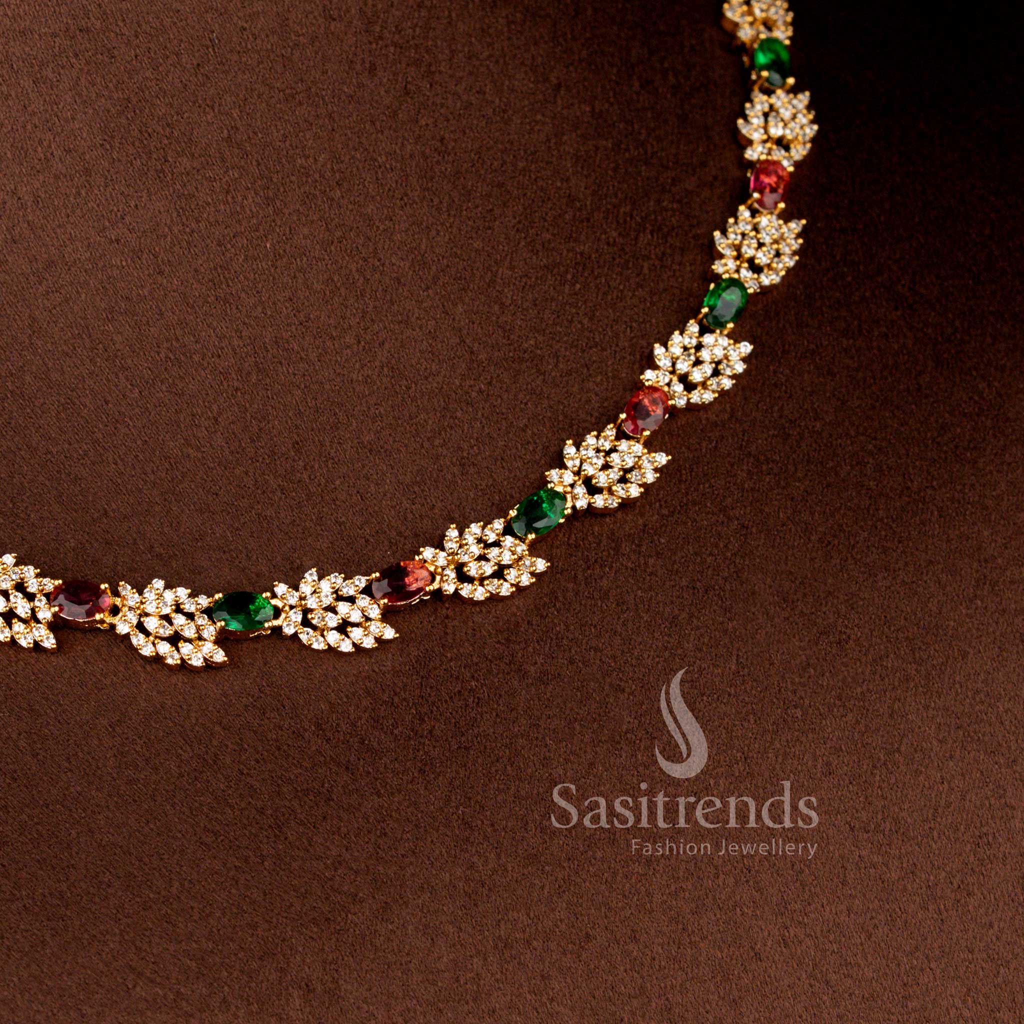 Matte Gold Plated American Diamond Leaf Cluster Stone Necklace Set with Matching Earrings - Sasitrends