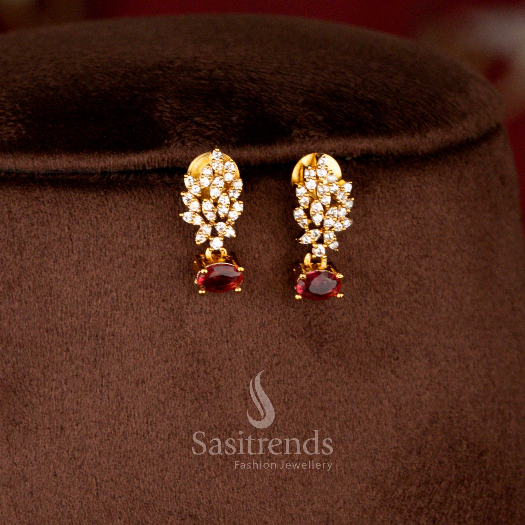 Matte Gold Plated American Diamond Leaf Cluster Stone Necklace Set with Matching Earrings - Sasitrends