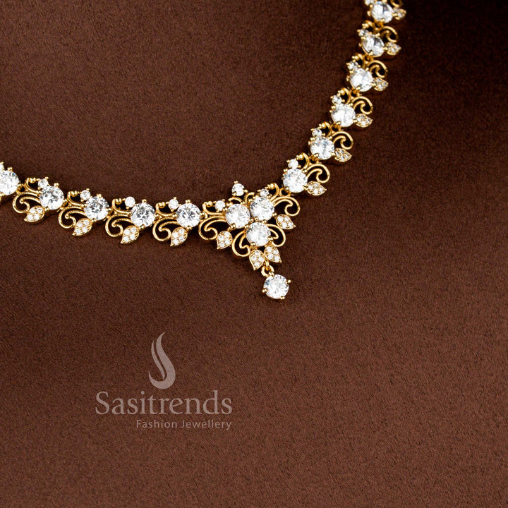 Matte Gold Plated American Diamond Floral Filigree Necklace Set with Matching Earrings - Sasitrends