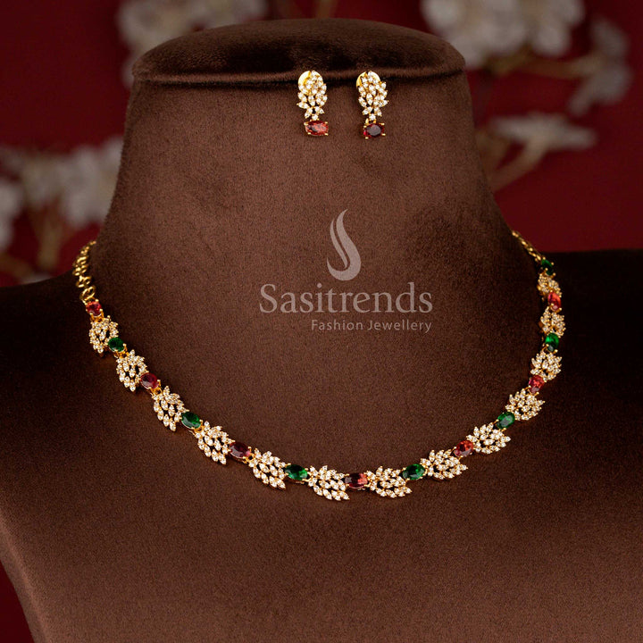 Matte Gold Plated American Diamond Leaf Cluster Stone Necklace Set with Matching Earrings - Sasitrends