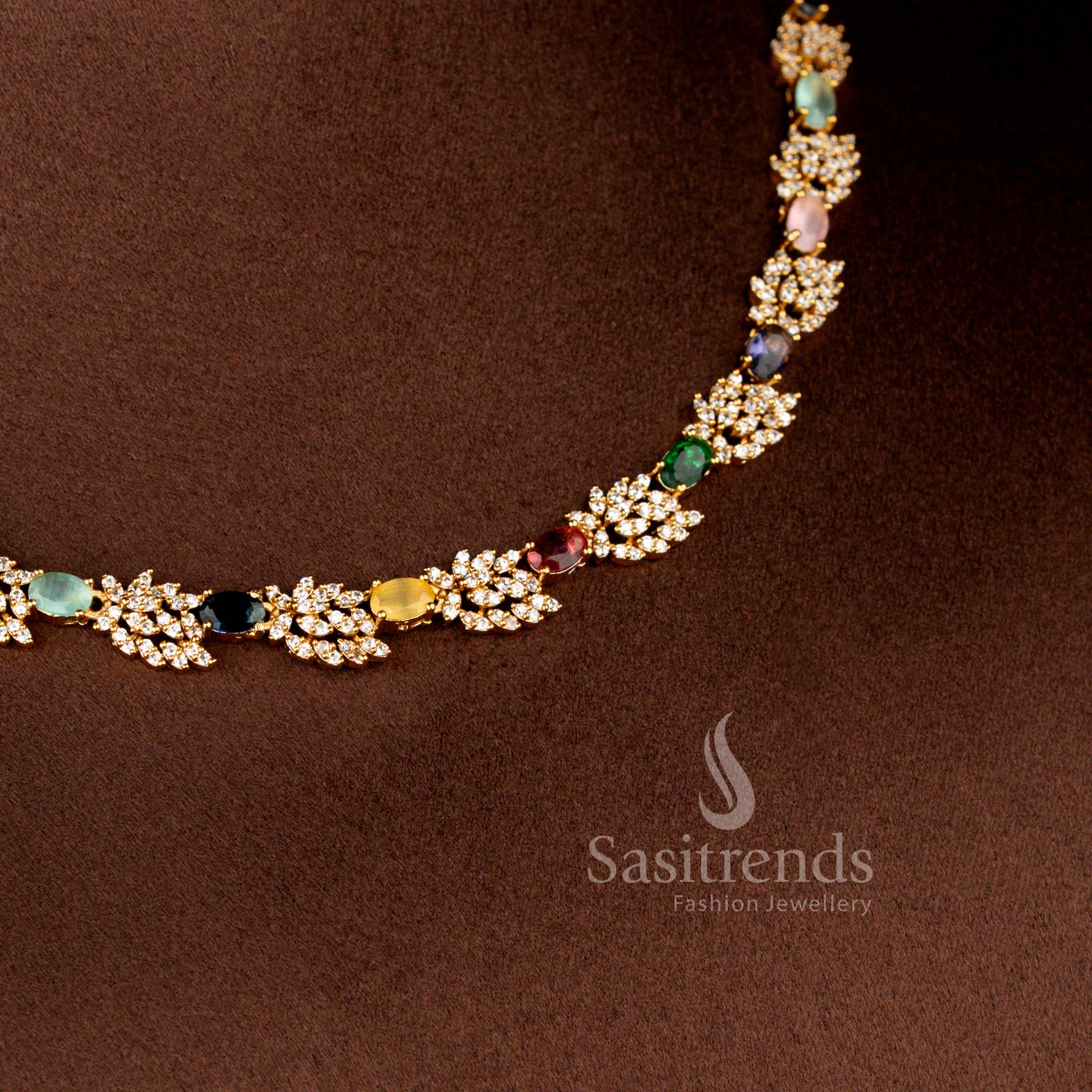 Matte Gold Plated American Diamond Leaf Cluster Stone Necklace Set with Matching Earrings - Sasitrends