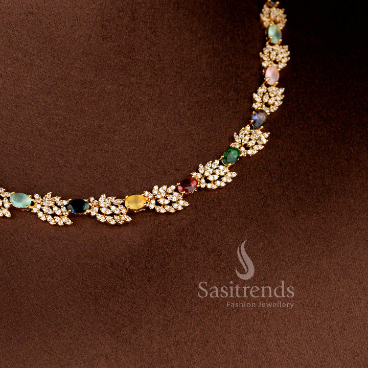 Matte Gold Plated American Diamond Leaf Cluster Stone Necklace Set with Matching Earrings - Sasitrends