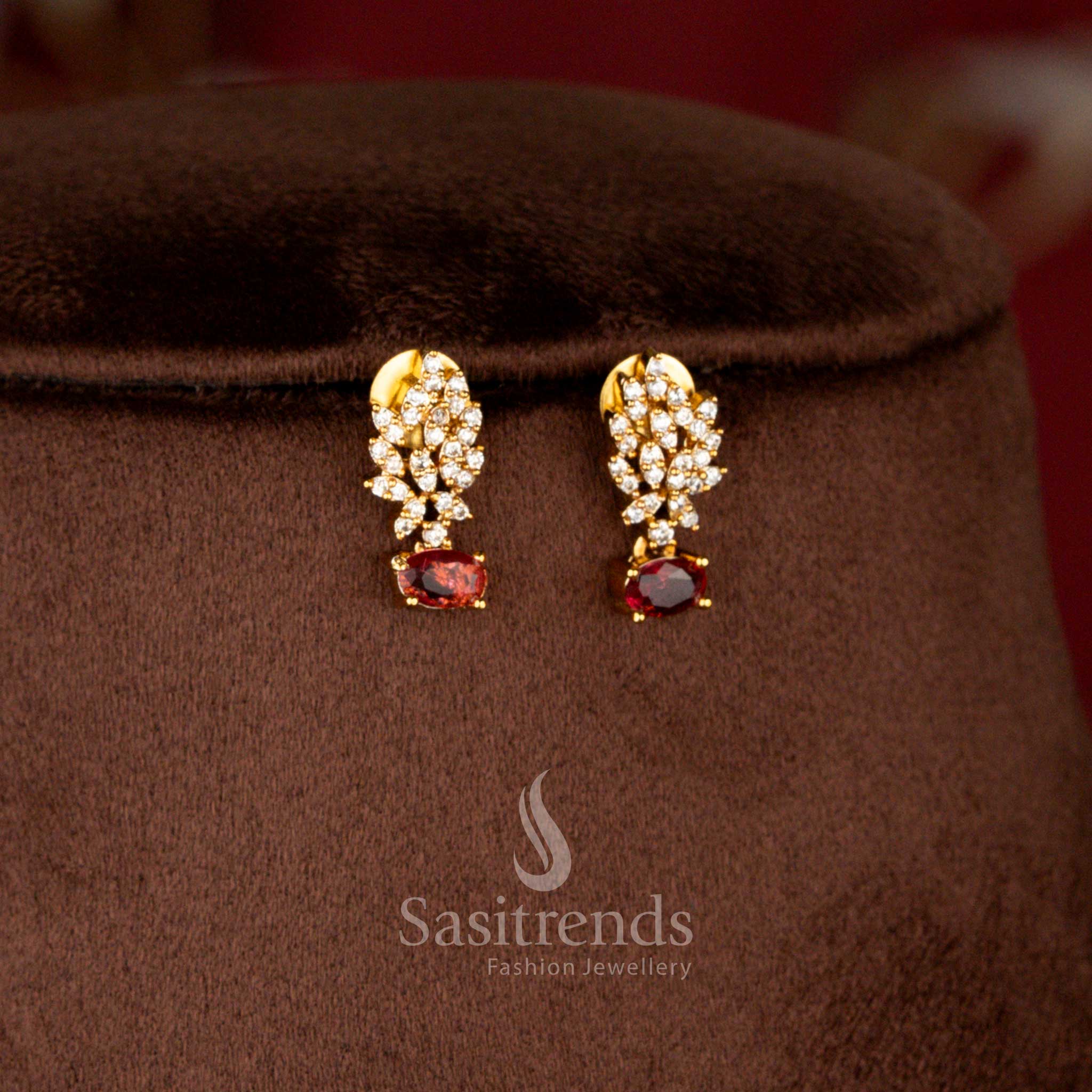 Close-up view of Matte Gold Plated American Diamond Leaf Clusters with Accent Stones - Sasitrends
