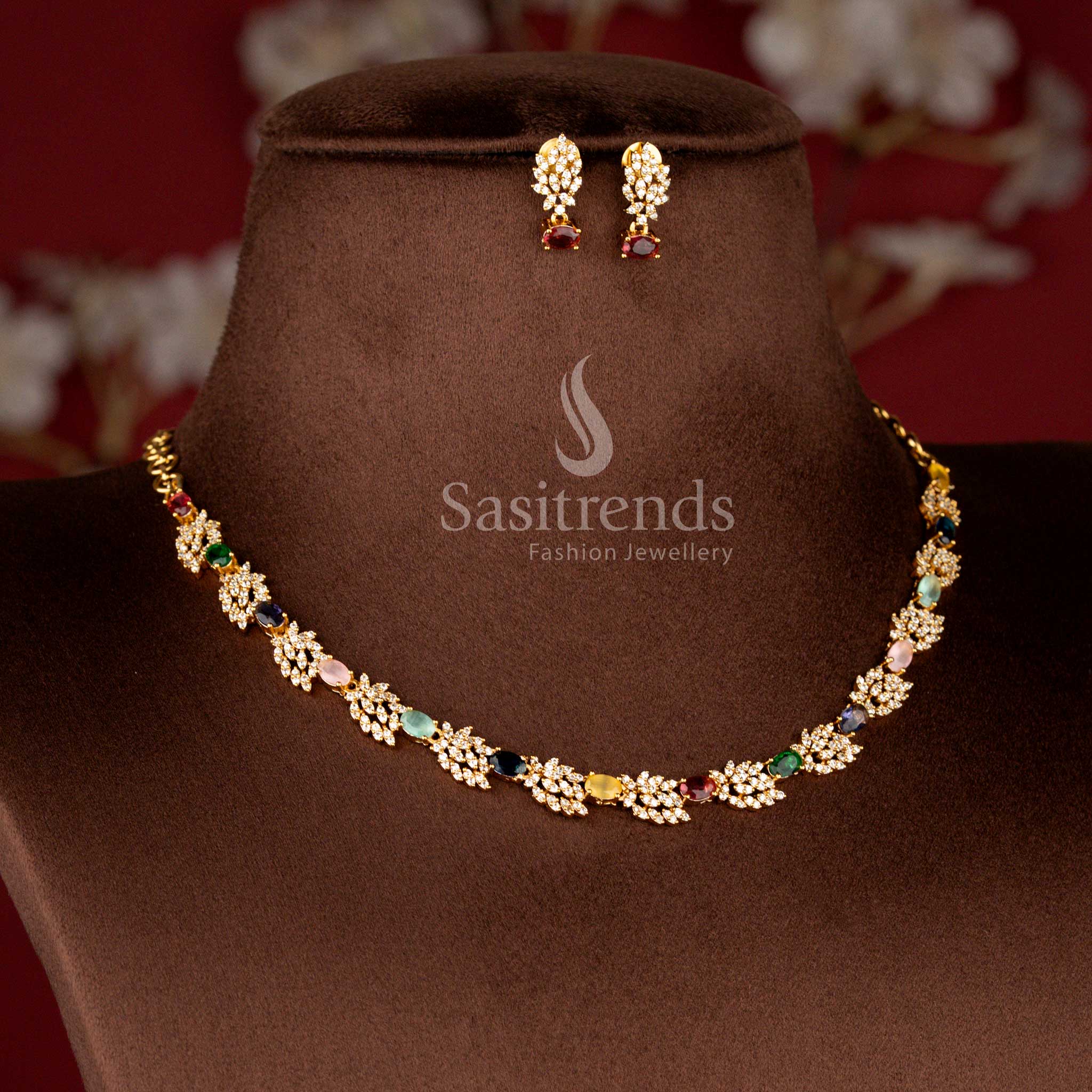 Matte Gold Plated American Diamond Leaf Cluster Stone Necklace Set with Matching Earrings - Sasitrends