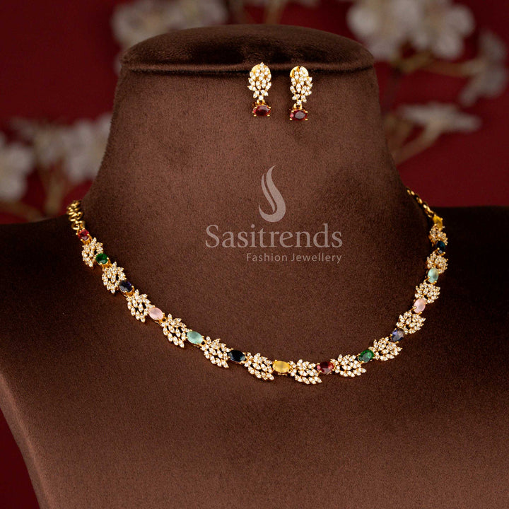 Matte Gold Plated American Diamond Leaf Cluster Stone Necklace Set with Matching Earrings - Sasitrends
