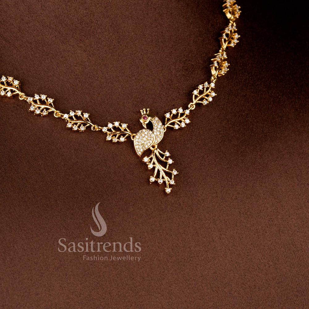 Matte Gold Plated American Diamond Peacock Vine Necklace Set with Matching Earrings - Sasitrends