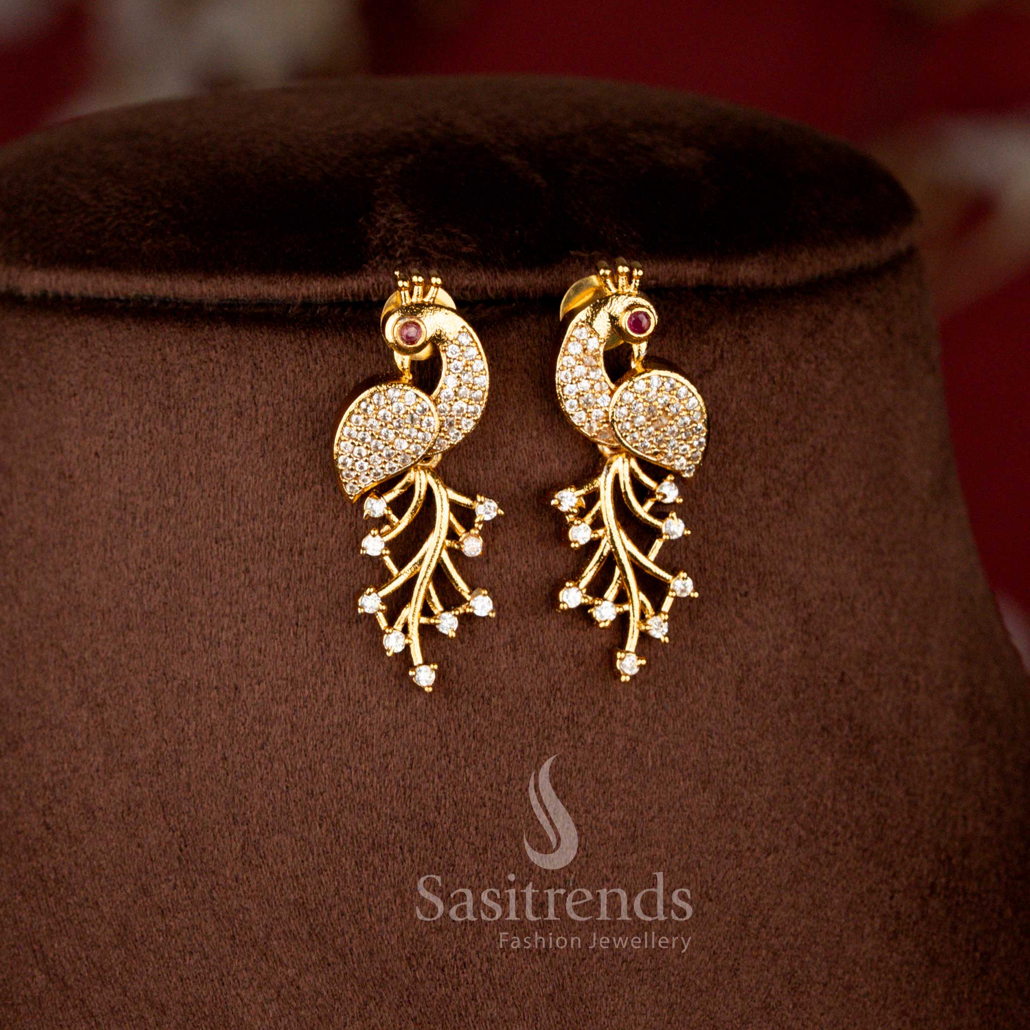 Matte Gold Plated American Diamond Peacock Vine Necklace Set with Matching Earrings - Sasitrends