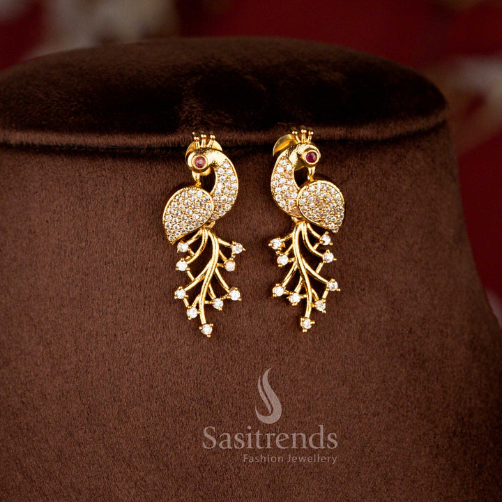 Matte Gold Plated American Diamond Peacock Vine Necklace Set with Matching Earrings - Sasitrends