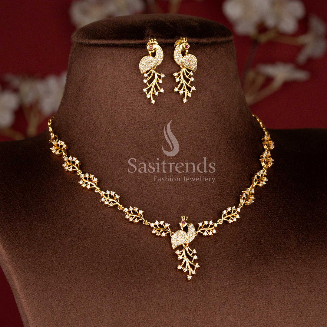Matte Gold Plated American Diamond Peacock Vine Necklace Set with Matching Earrings for Women - Sasitrends