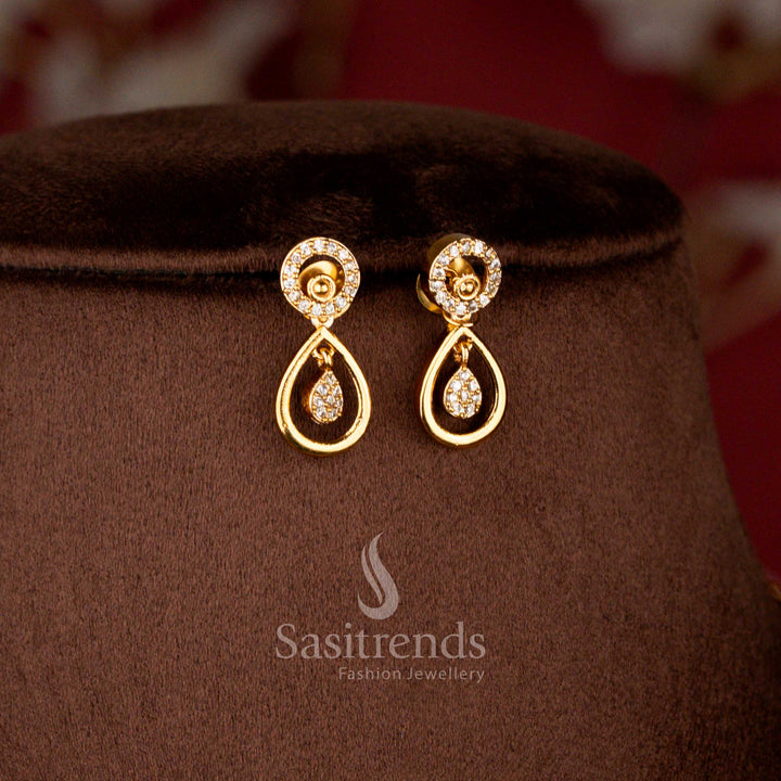 Close-up view of Matte Gold Plated American Diamond Geometric Circular Loop and Central Teardrop Pendant - Sasitrends