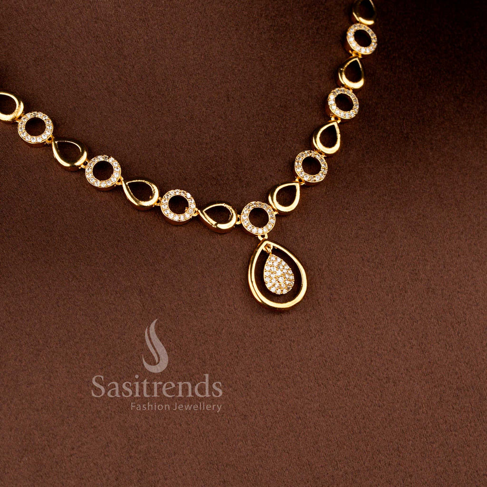 Matte Gold Plated American Diamond Circular Halo and Teardrop Necklace Set with Matching Earrings - Sasitrends