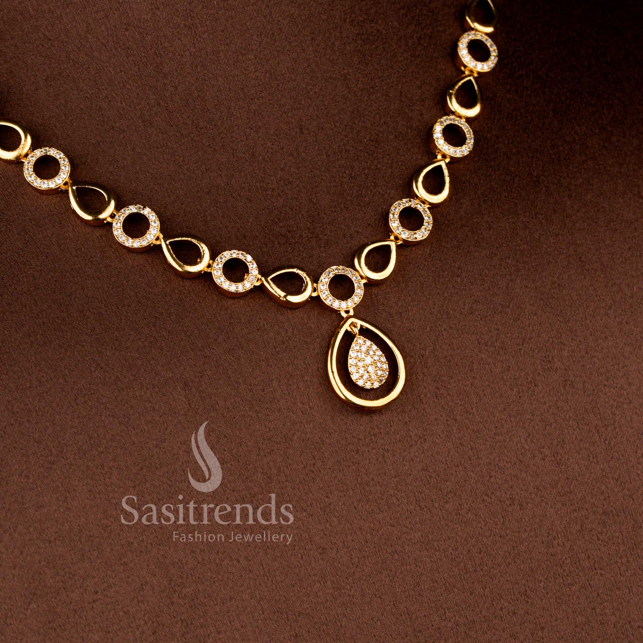 Matte Gold Plated American Diamond Circular Halo and Teardrop Necklace Set with Matching Earrings - Sasitrends