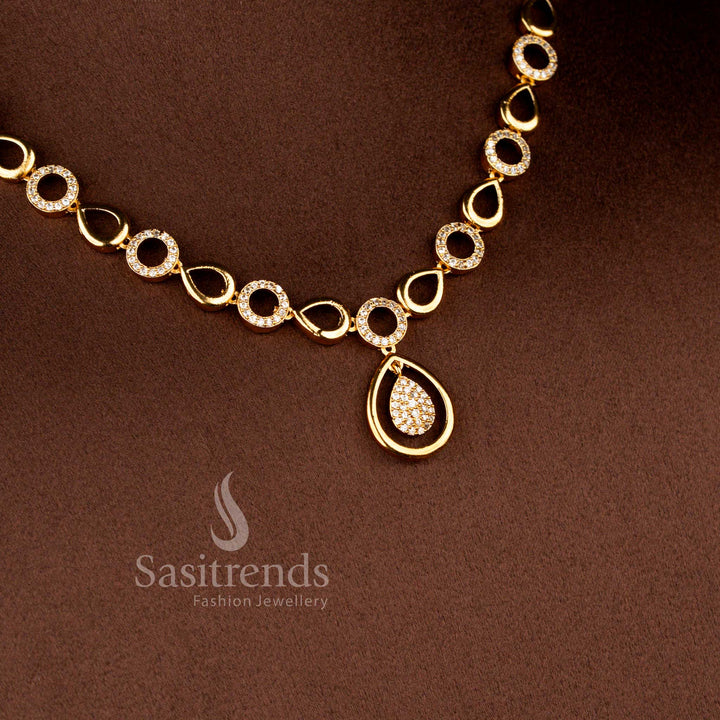 Matte Gold Plated American Diamond Circular Halo and Teardrop Necklace Set with Matching Earrings - Sasitrends