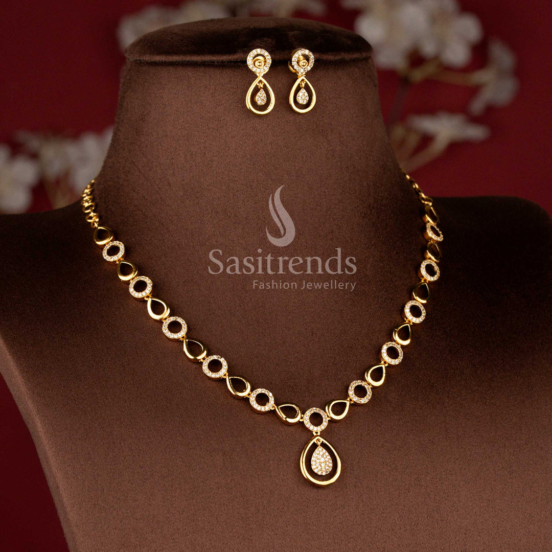 Matte Gold Plated American Diamond Circular Halo and Teardrop Necklace Set with Matching Earrings - Sasitrends