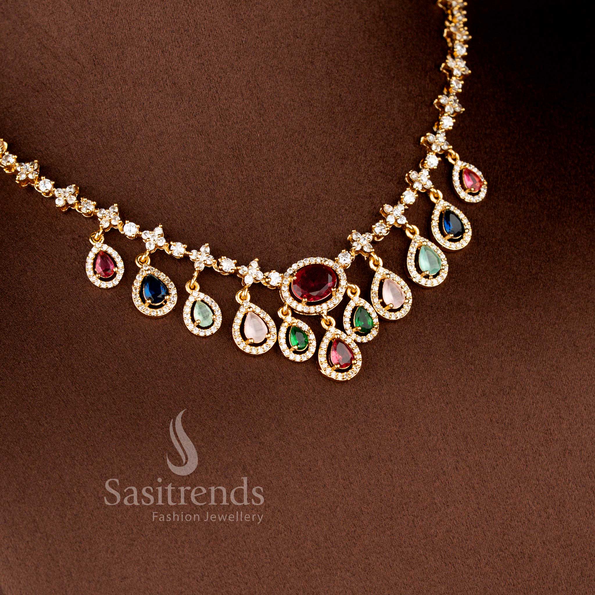 Matte Gold Plated American Diamond Navaratna Style Teardrop Dangle Necklace Set with Matching Earrings - Sasitrends