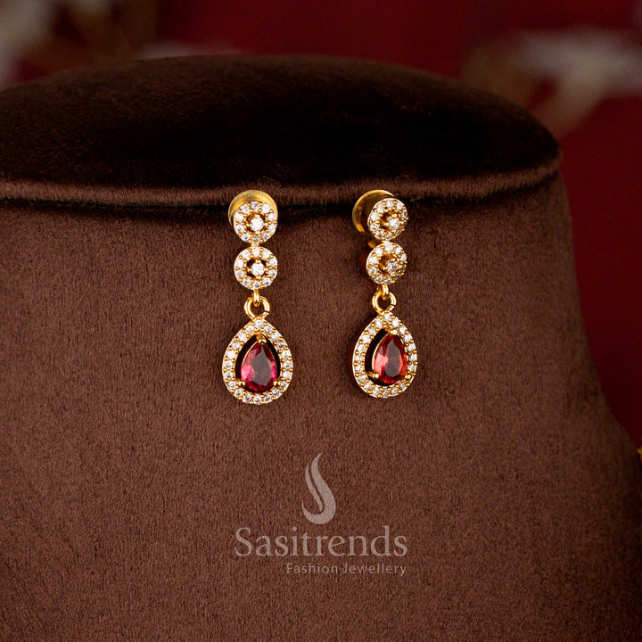 Close-up view of American Diamond Navaratna Style Teardrop Dangles and Oval Centerpiece - Sasitrends