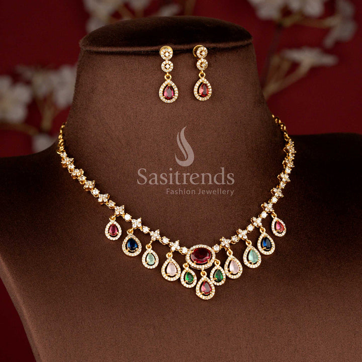 Matte Gold Plated American Diamond Navaratna Style Teardrop Dangle Necklace Set with Matching Earrings - Sasitrends