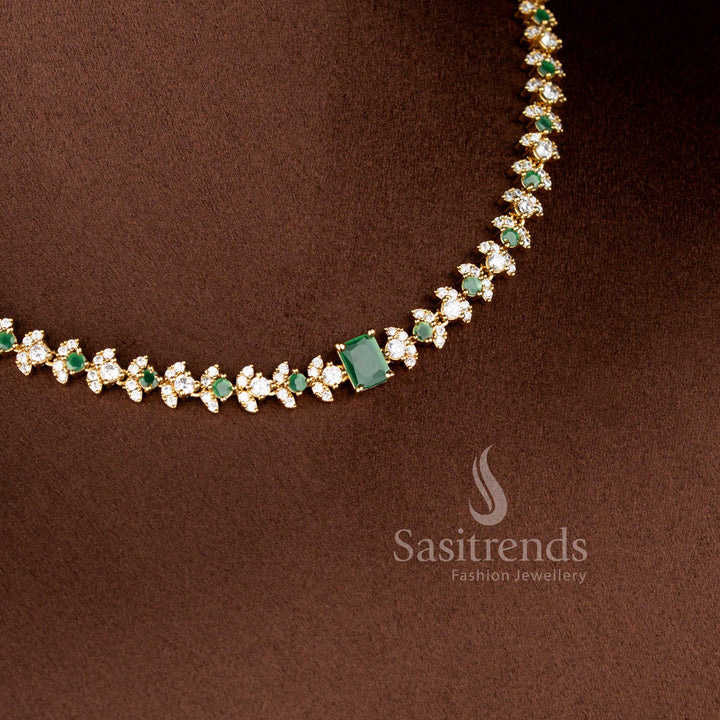 Detailed View of American Diamond Floral Chain Necklace with Baguette Center Stone - Sasitrends