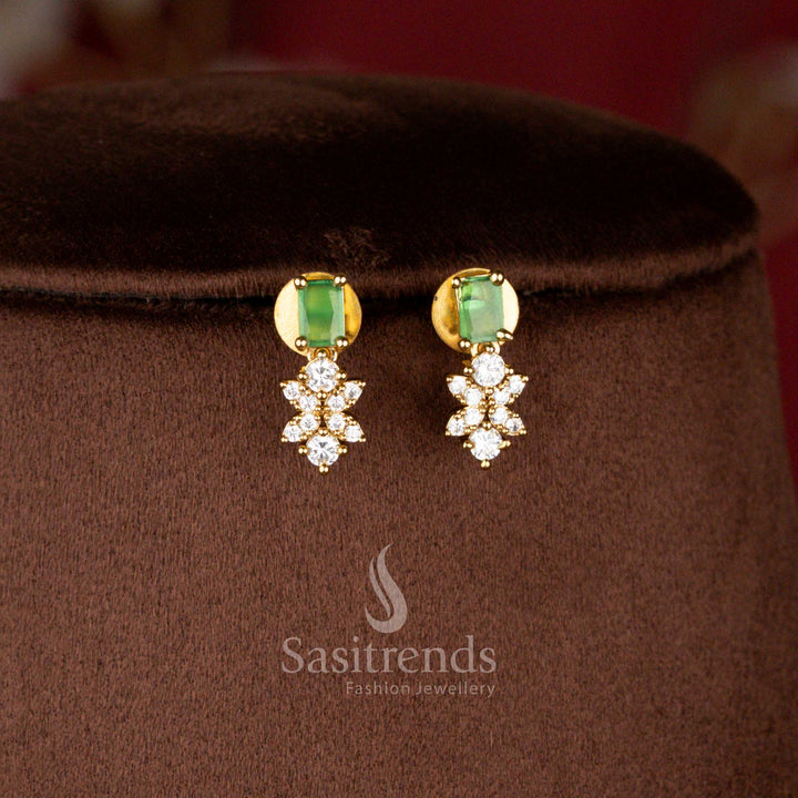 Matte Gold Plated American Diamond Floral Cluster Necklace Set with Rectangular Center Stone Earrings - Sasitrends