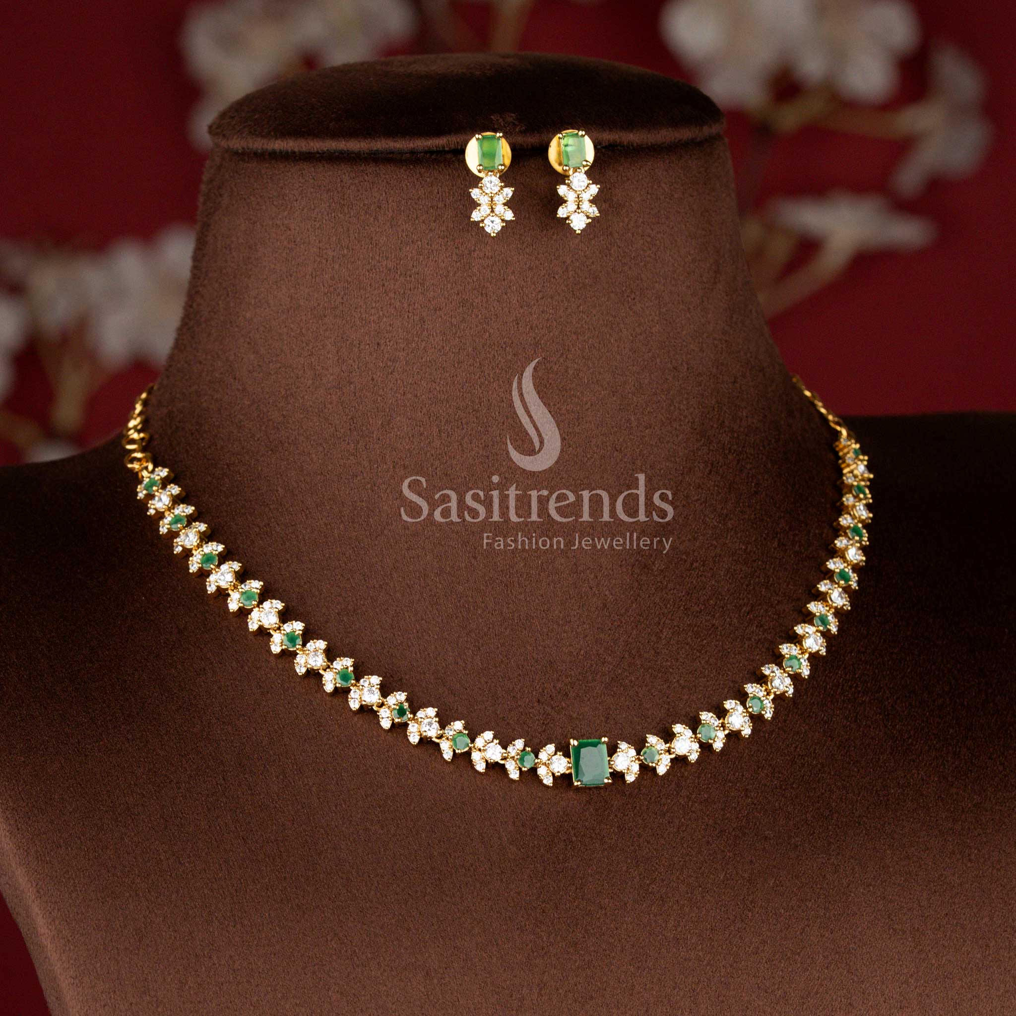 Matte Gold Plated American Diamond Floral Cluster Necklace Set with Rectangular Center Stone Earrings - Sasitrends
