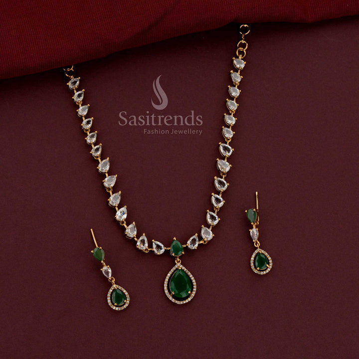 Elegant Pear-Cut American Diamond Necklace Set with Matching Drop Earrings - Sasitrends