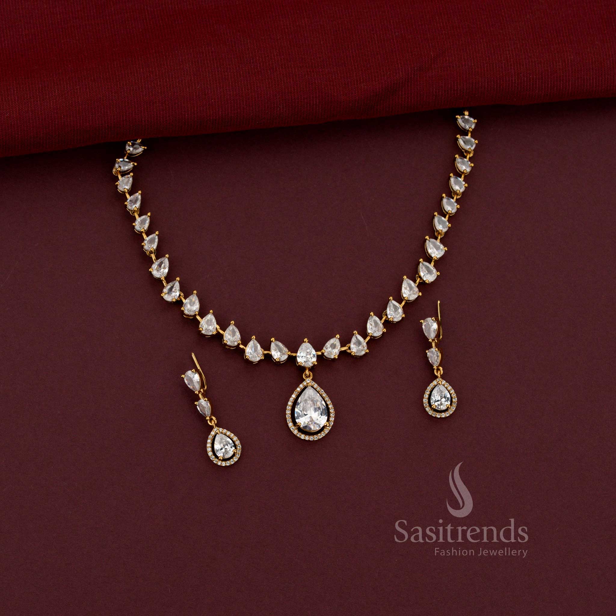American Diamond Pear Stone Necklace Jewellery Set for Weddings and Special Occasions - Sasitrends