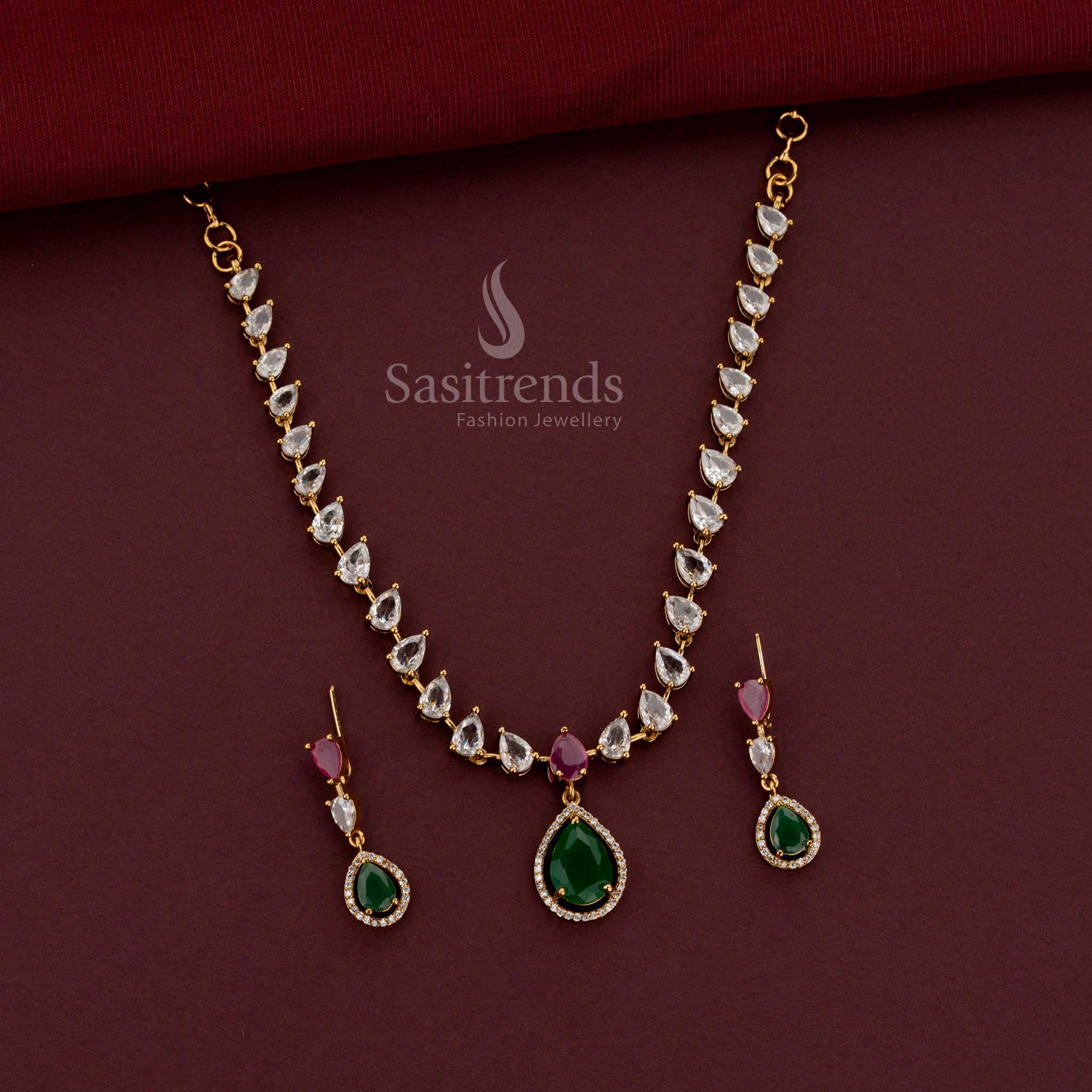 Premium American Diamond Pear Stone Necklace Jewellery Set for Weddings and Special Occasions - Sasitrends