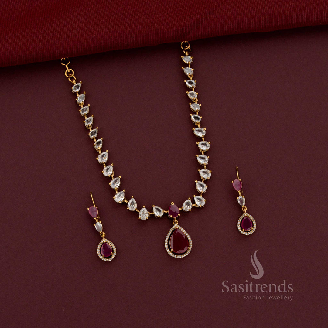 American Diamond Pear Drop Designer Necklace Jewellery Set with Matching Earrings - Sasitrends