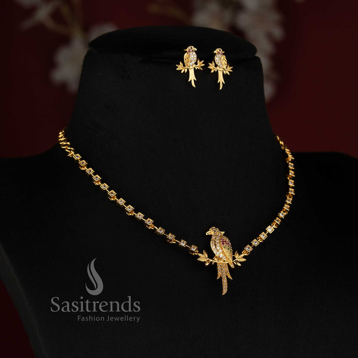 Matte Gold Plated Parrot Pendant Necklace with Square American Diamond Stone Link Chain - Sasitrends