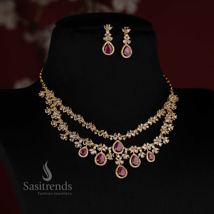 Elegant Double Layer Matte Gold Plated American Diamond Necklace Set with Teardrop Stones and Floral Detailing - Sasitrends 
