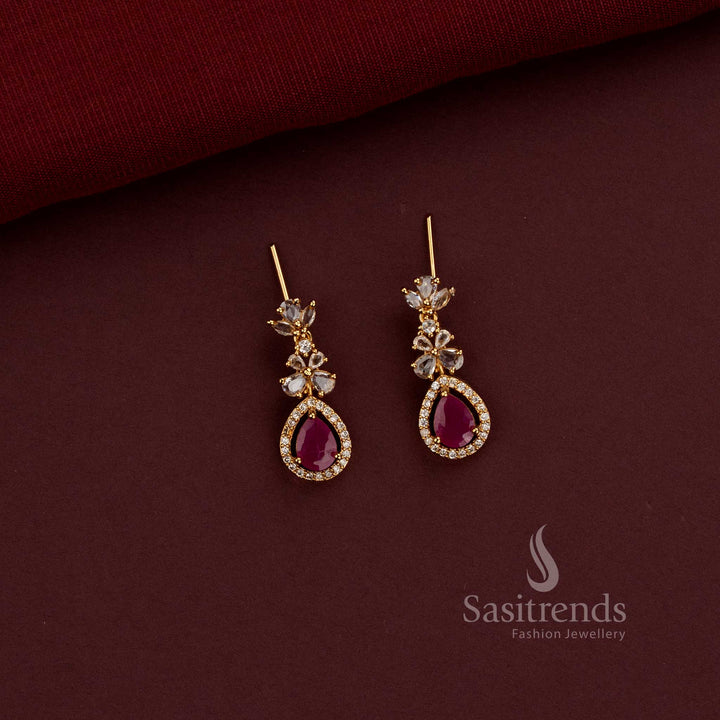 Traditional Matte Gold Plated AD Necklace with Teardrop Stone Embellishments and Matching Earrings - Sasitrends