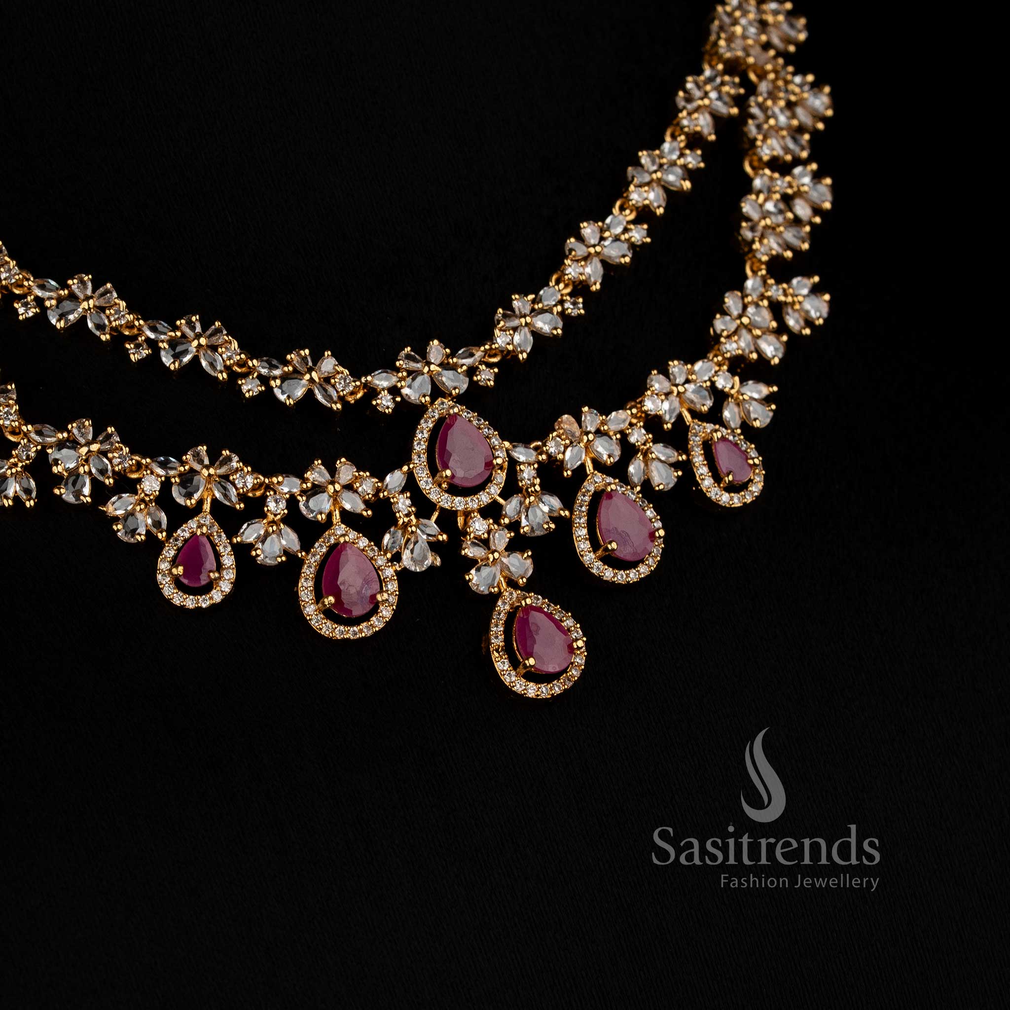 Elegant Double Layer American Diamond Necklace Set for Weddings, Receptions and Festive Celebrations - Sasitrends 