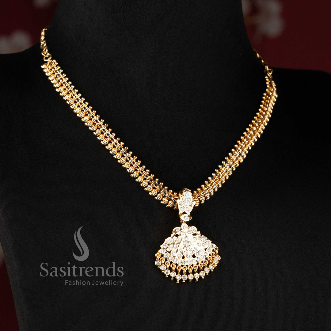 Traditional Impon micro gold plated mango pattern addigai necklace with flared leaf AD pendant in white stone design - Sasitrends