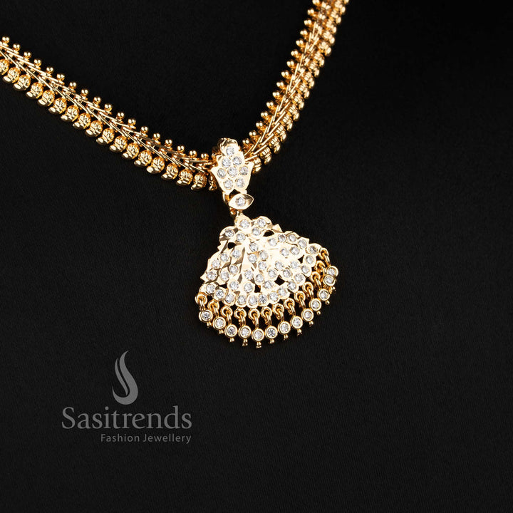 Traditional Impon micro gold plated mango pattern addigai necklace with flared leaf AD pendant in white stone design - Sasitrends