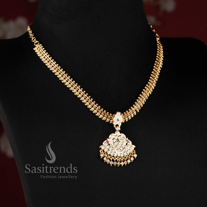Festive wear Impon mango pattern necklace crafted with flared leaf AD pendant and white stone finish - Sasitrends