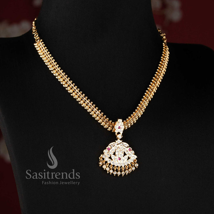 Festive wear Impon mango pattern necklace crafted with flared leaf AD pendant and white Ruby stone finish - Sasitrends