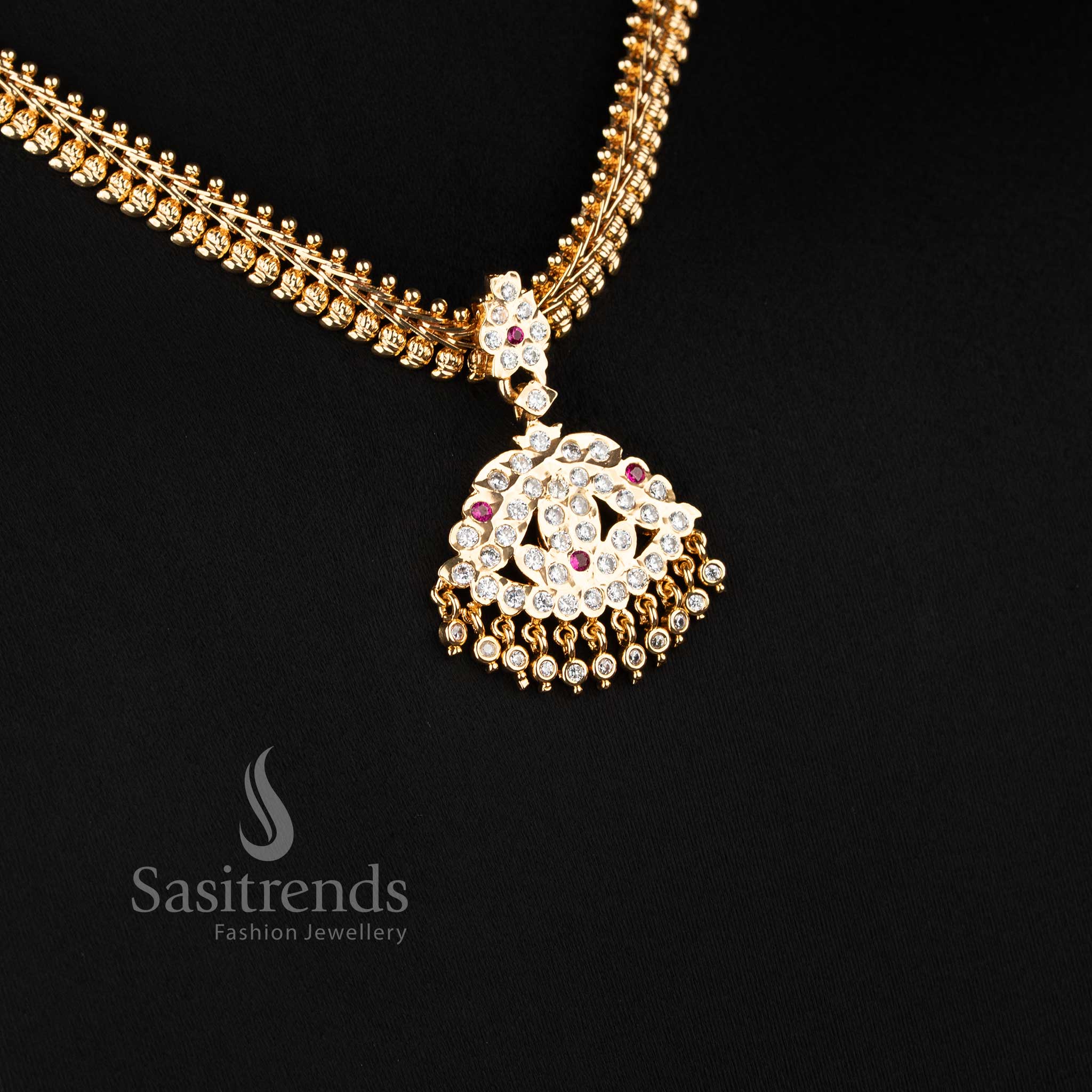 Designer micro gold plated addigai necklace with sparkling white AD stones and traditional pendant pattern - Sasitrends
