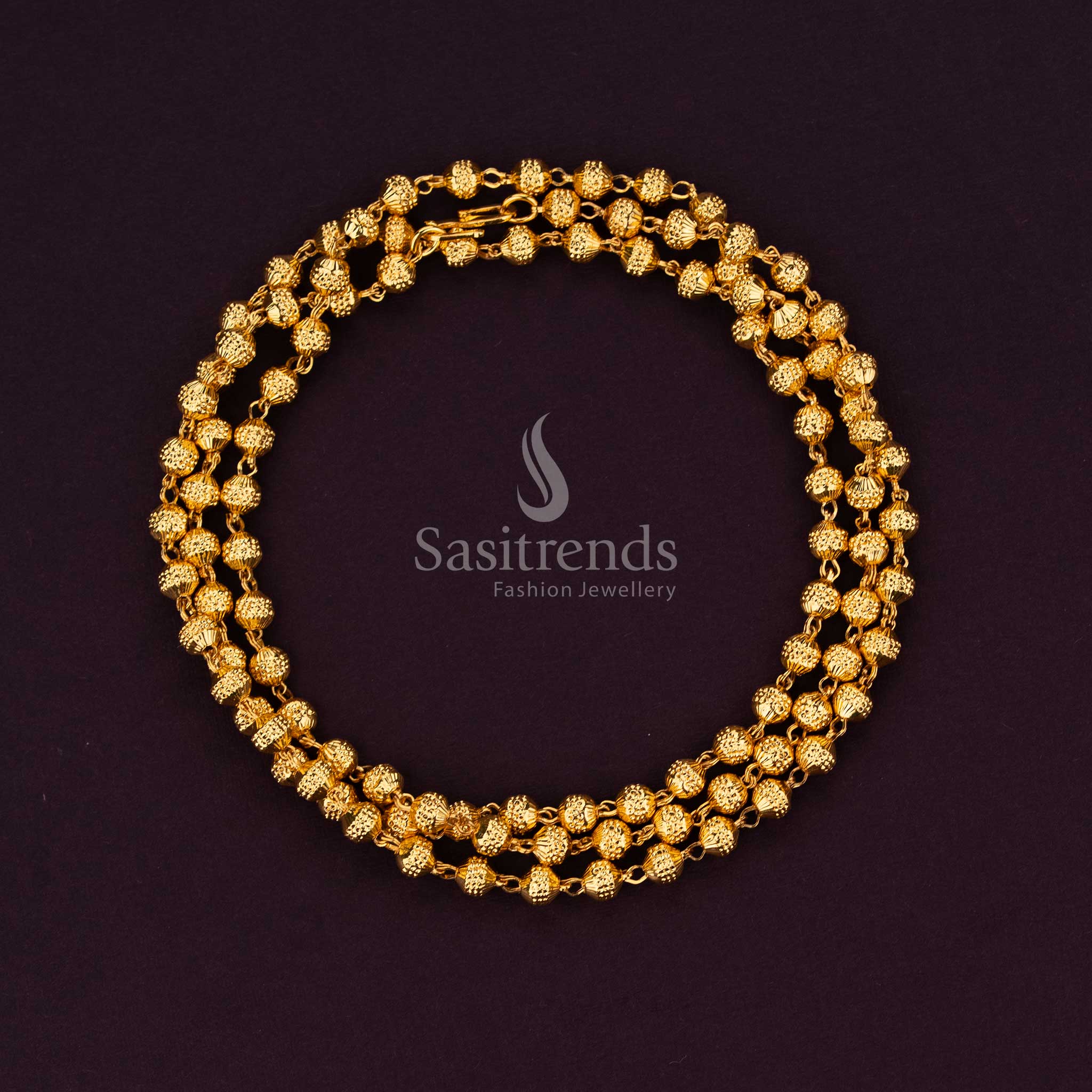 Sasitrends guaranteed 24K micro gold plated designer ball chain collection featuring textured bead link structure crafted in real gold look 1 gram jewellery finish