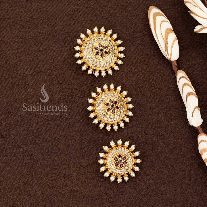 Sasitrends temple matte gold plated floral medallion jadai billai with layered circular multi AD stone structure and pearl drop border